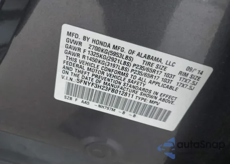 2015 Honda Pilot Lx из США, поврежденный, VIN 5FNYF3H23FB012811